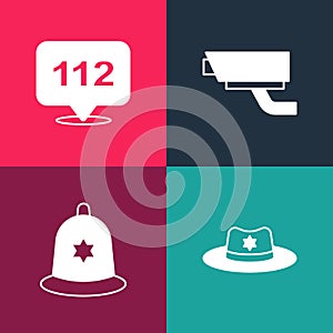 Set pop art Sheriff hat with badge, British police helmet, Security camera and Telephone call 112 icon. Vector