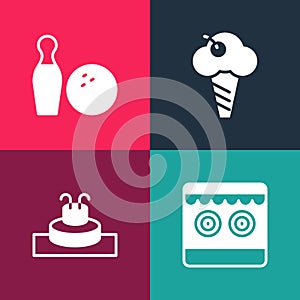 Set pop art Shooting gallery, Fountain, Ice cream waffle cone and Bowling pin and ball icon. Vector