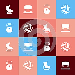 Set pop art Skates, Pommel horse, Weight and Volleyball ball icon. Vector