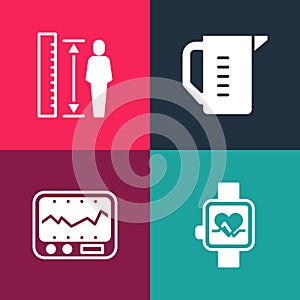 Set pop art Smart watch, Measuring instrument, cup and height body icon. Vector