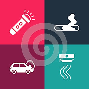 Set pop art Smoke alarm system, Burning car, Cigarette and Flashlight icon. Vector
