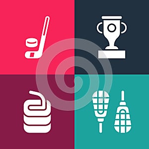 Set pop art Snowshoes, Stone for curling, Award cup and Ice hockey stick and puck icon. Vector