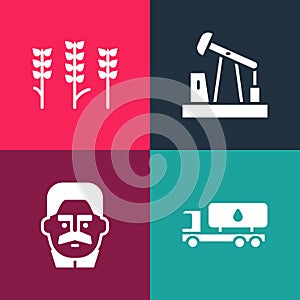 Set pop art Tanker truck, Joseph Stalin, Oil pump or pump jack and Wheat icon. Vector