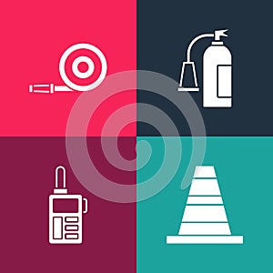 Set pop art Traffic cone, Walkie talkie, Fire extinguisher and hose reel icon. Vector