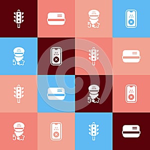 Set pop art Traffic light, Credit card, Taxi service rating and mobile app icon. Vector