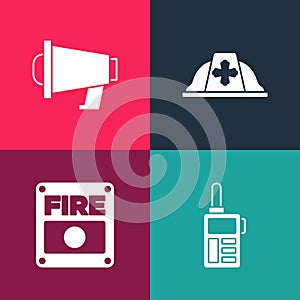 Set pop art Walkie talkie, Fire alarm system, Firefighter helmet and Megaphone icon. Vector