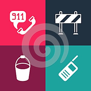 Set pop art Walkie talkie, Fire bucket, Road barrier and Telephone call 911 icon. Vector