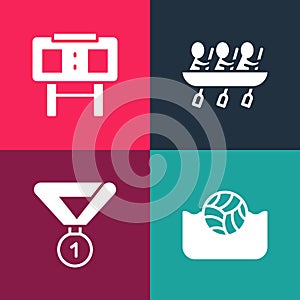 Set pop art Water polo, Medal, Canoe rowing team sports and Sport mechanical scoreboard icon. Vector