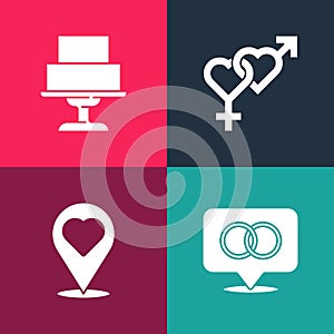 Set pop art Wedding rings, Location with heart, Gender and cake icon. Vector