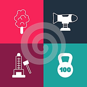 Set pop art Weight, Striker attraction with hammer, Swing plane and Cotton candy icon. Vector