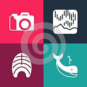 Set pop art Whale, Fish steak, Northern lights and Photo camera icon. Vector