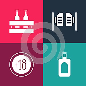 Set pop art Whiskey bottle, Alcohol 18 plus, Saloon door and Pack of beer bottles icon. Vector