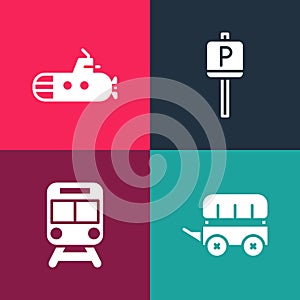 Set pop art Wild west covered wagon, Train and railway, Parking and Submarine icon. Vector