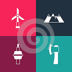 Set pop art Wooden axe, TV CN Tower in Toronto, Mountains and Wind turbine icon. Vector