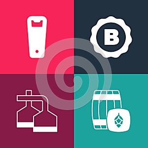 Set pop art Wooden barrel, Beer brewing process, Bottle cap with beer and opener icon. Vector