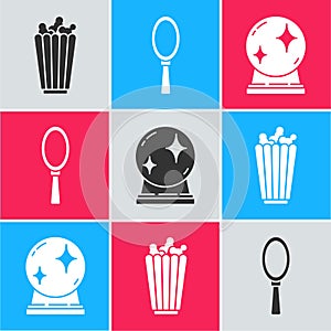 Set Popcorn in box, Magic hand mirror and Magic ball icon. Vector