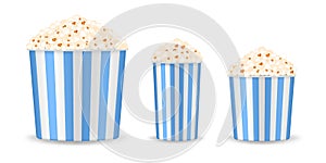 Set of popcorn buckets. Cinema snack. It\'s movie time! Striped paper box. Popcorn bowl