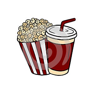 Set of popcorn and soda drink with straw in red and white striped carton disposable packages isolated on white. Hand drawn vector