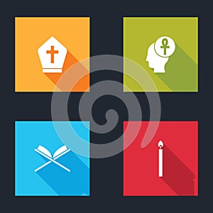 Set Pope hat, Cross ankh, Holy book of Koran and Burning candle icon. Vector