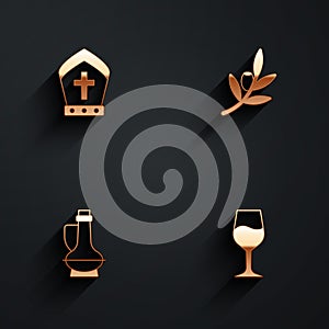 Set Pope hat, Olives branch, Bottle of olive oil and Wine glass icon with long shadow. Vector