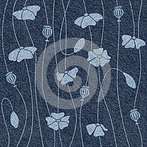 Set of poppy flower and leaves - Pattern of the decorative background - Interior wallpaper - Blue jeans texture