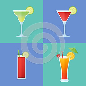 Set of popular alcoholic cocktails. Flat style icons. Vector illustration.