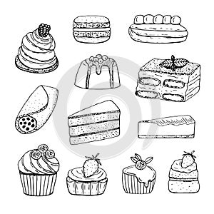 Set of popular cakes vector illustration, hand drawing sketch