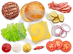 Set of popular cheeseburger ingredients isolated on white background