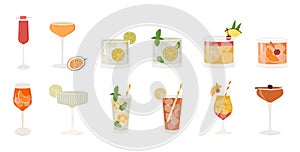 Set of popular classic cocktails. Different alcoholic drinks in various glasses. Summer aperitif garnished with lime