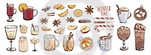 Set of popular hot winter drinks with spices and fruit slices isolated on white. Colorful vector Christmas beverages and