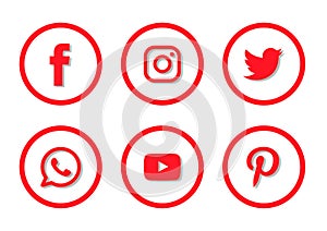 Set of popular social media icons logos Facebook  Instagram Twitter  WhatsApp Youtube pinterest element vector.