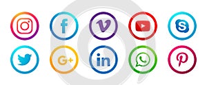 Set of popular social media logos icons Instagram Facebook Twitter Youtube WhatsApp vimeo pinterest linkedin  element vector