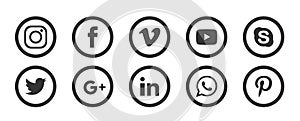 Set of popular social media logos icons Instagram Facebook Twitter Youtube WhatsApp vimeo pinterest linkedin  element vector