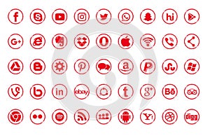 Set of popular social media logos, icons red Instagram, Facebook, Twitter, Youtube, WhatsApp, LinkedIn, Pinterest, Blog.