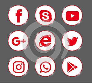 Set of popular social media logos, icons red Instagram, Facebook, Twitter, Youtube, WhatsApp,