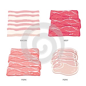 Set of Pork and beef raw slice and meat steaks isolated on a white background. Cartoon Vector illustration