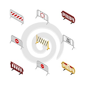 Set of portable metal and plastic road barriers, flat 3D vector illustration