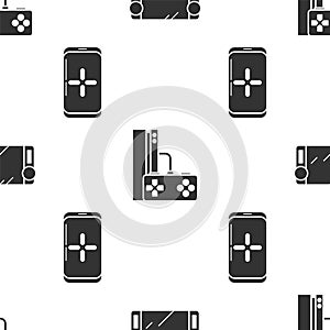 Set Portable video game console, Game console with joystick and Smartphone and playing in game on seamless pattern