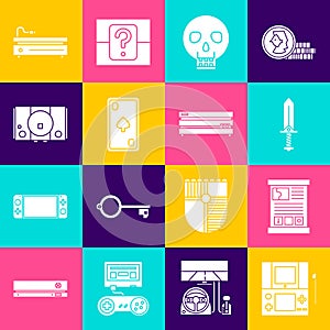 Set Portable video game console, Game guide, Sword for, Skull, Playing card with diamonds, Video, and icon. Vector