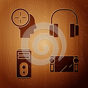 Set Portable video game console, Head hunting concept, Computer and Headphones on wooden background. Vector