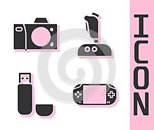 Set Portable video game console, Photo camera, USB flash drive and Joystick for arcade machine icon. Vector