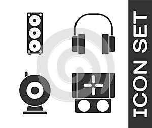 Set Portable video game console, Stereo speaker, Web camera and Headphones icon. Vector