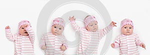 Set of portrait of adorable 3 months old baby girl with funny expression wearing headband
