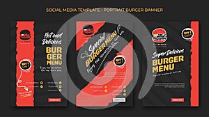 Set of portrait social media post template with burger icon design in black and red background