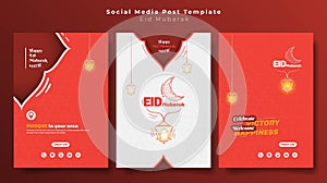 Set of portrait social media post template with simple line art of lantern and moon in orange and white design. Orange islamic