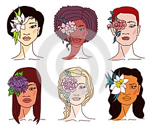 Set of portrait young women different skin colors with flowers in hair