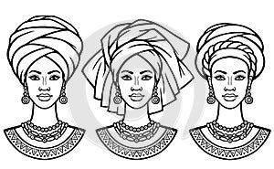 Set of portraits the African women in various turbans.