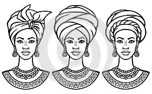 Set of portraits the African women in various turbans.