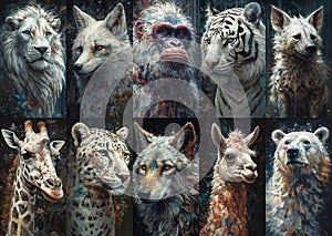 Set of portraits with animals in a modern painted style
