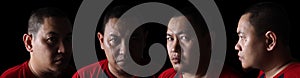 Set of portraits collage. Close-up portrait of an Asian man in the dark with half face lighting. Different angle view of a man